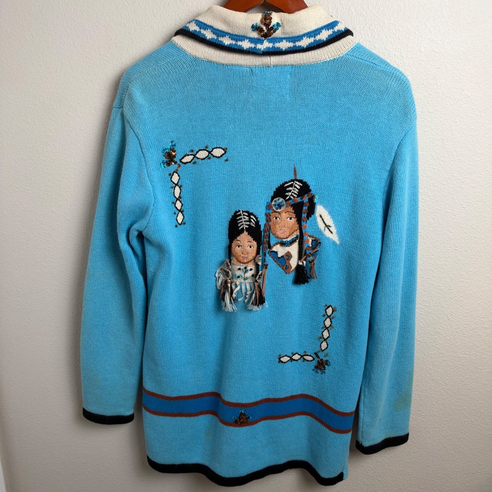 Storybook Knits Cardigan Sweater Small Regular Blue Native American Beaded